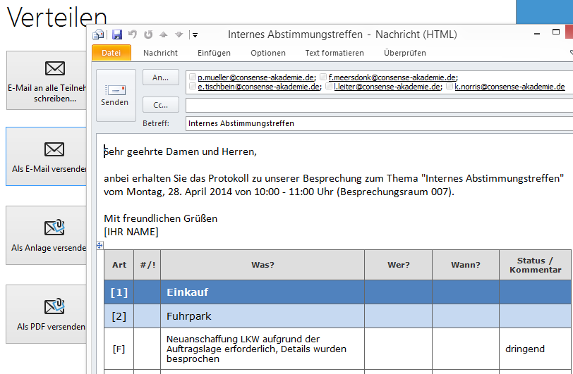 Minutes Hilfe - Protokoll verteilen